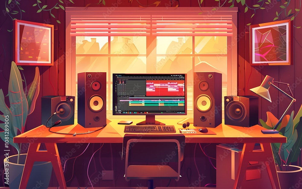 Computer desktop with keyboard and mouse, headphones, speaker and other gadgets, vector illustration Computer desktop with keyboard and mouse, headphones, speaker and other gadgets, vector illustration