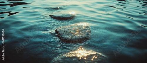 Sunlight sparkles on the surface of a tranquil lake as stepping stones create a gentle path over its rippling waters, inviting peaceful exploration. photo