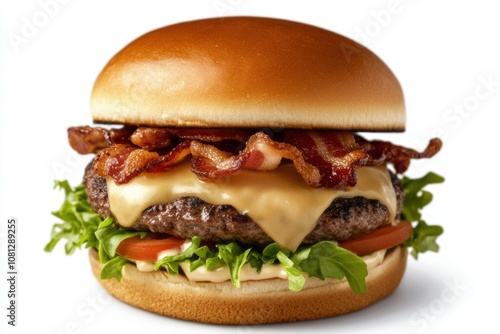 Classic Burger with Juicy Beef Patty, Melted Cheese, Crispy Bacon, and Fresh Lettuce on a Toasted Brioche Bun
