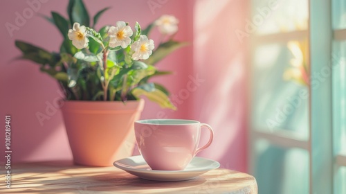 Wallpaper Mural Pink coffee cup and potted plant in cozy morning light Torontodigital.ca