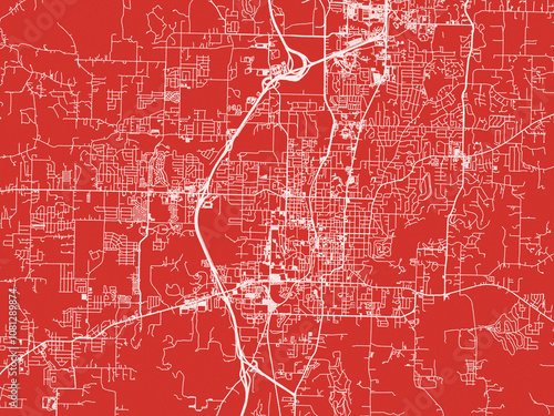 Christmas Map of Fayetteville Arkansas, USA in Snowy White on Festive Red Background.