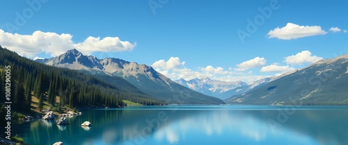 Minimalist Flat Design: Serene Mountain Lake Scene with Calm Water Reflection photo