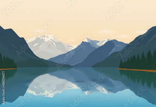 Serene Mountain Lake Minimalist Illustration