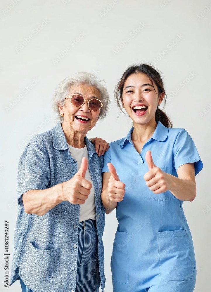 Elderly woman and young woman share joyful moments with thumbs up in a bright setting Elderly woman and young woman share joyful moments with thumbs up in a bright setting