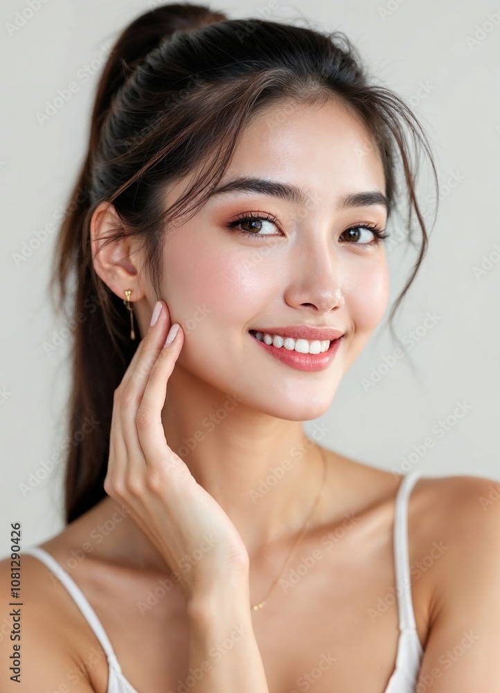 Young woman smiles radiantly while showcasing natural beauty and elegance Young woman smiles radiantly while showcasing natural beauty and elegance