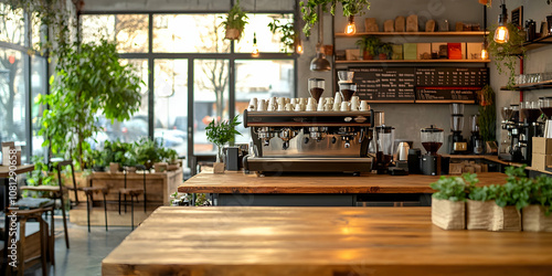 Blurred coffee shop with empty wooden table for product staging photo