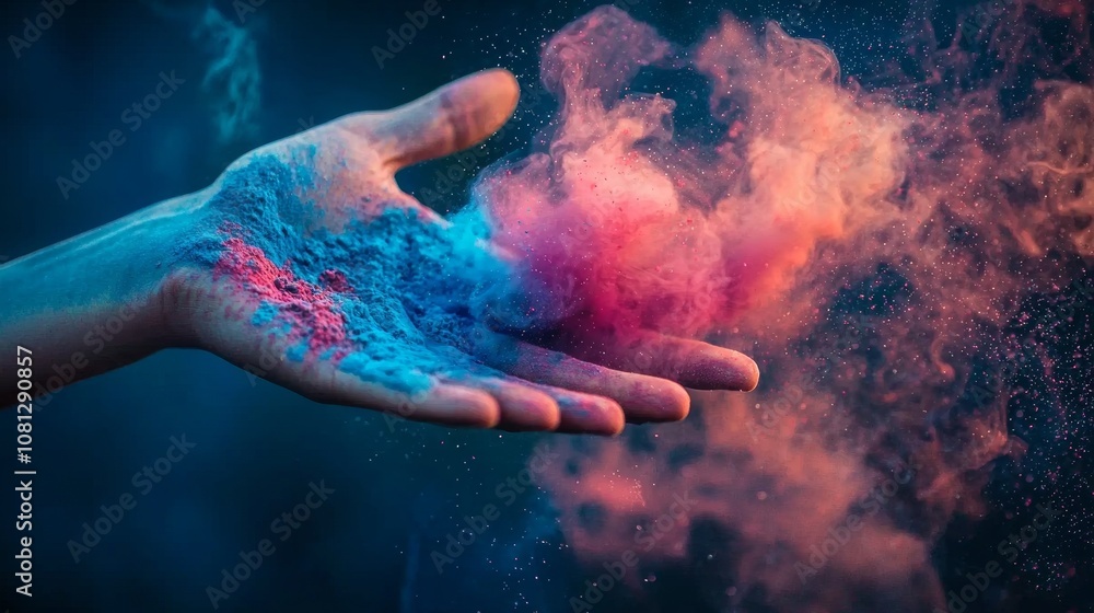 Fototapeta premium Hand holding vibrant colored powder in motion