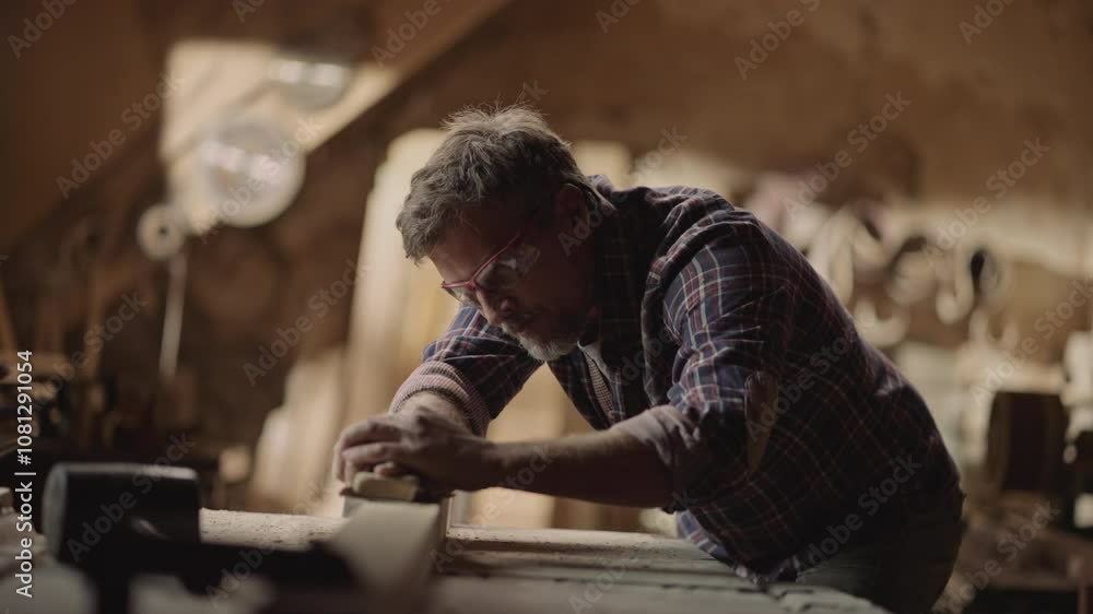 Handsome male carpenter rubbing a wooden piece with sandpaper in slow-motion, sawdust floating up Handsome male carpenter rubbing a wooden piece with sandpaper in slow-motion, sawdust floating up