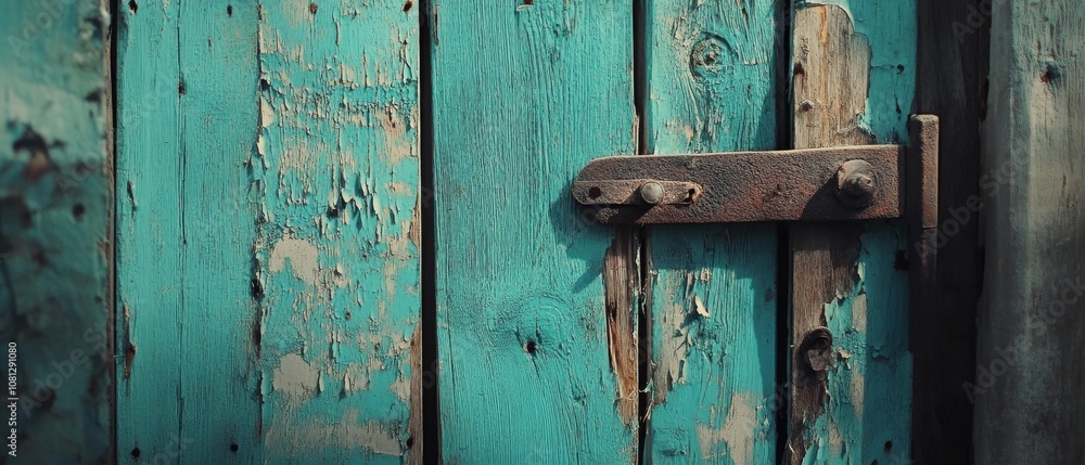 Weathered turquoise wooden door with peeling paint, invoking nostalgia and rustic charm through its textures and history. Weathered turquoise wooden door with peeling paint, invoking nostalgia and rustic charm through its textures and history.