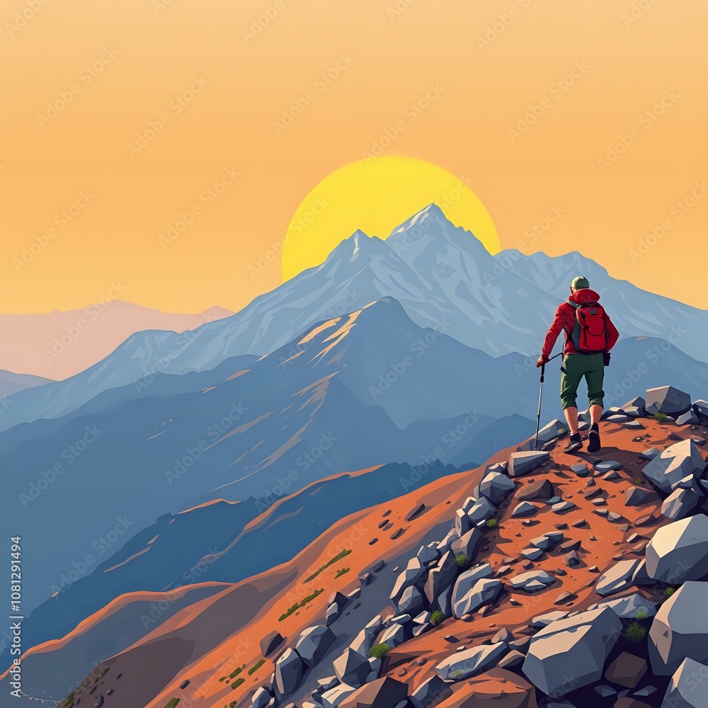 Fototapeta premium Conquering Heights: Hiker at Sunrise
