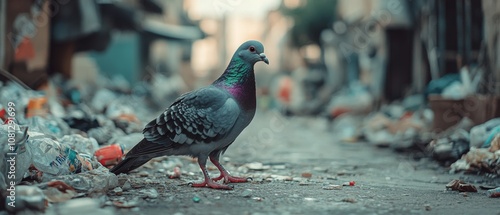 A lone pigeon stands amid urban rubble, highlighting resilience in a bustling cityscape. photo