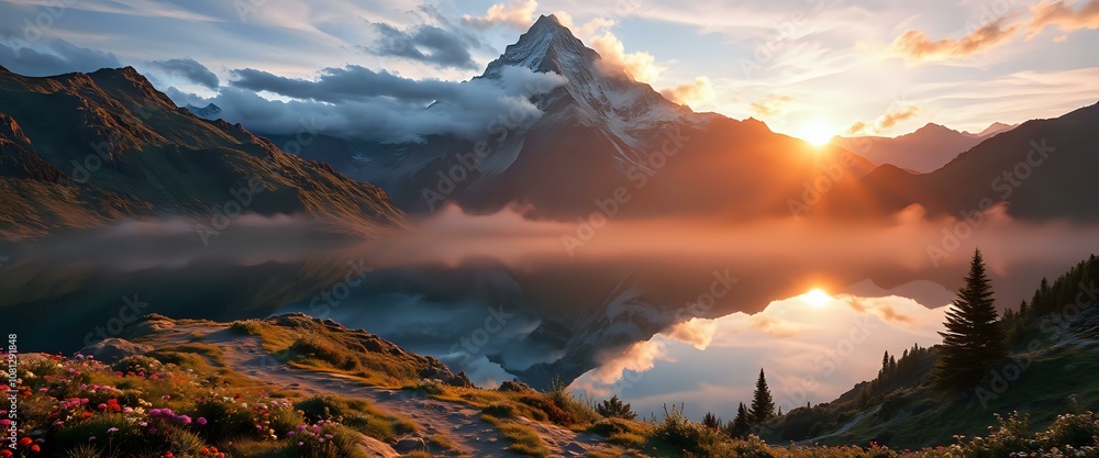 Naklejka premium Sunset Over Alpine Lake with Majestic Mountain Range