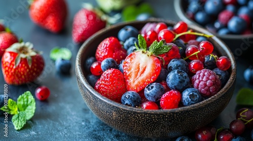 Fresh mixed berries in a bowl on dark background