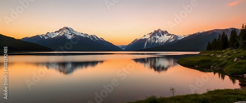 Serene Sunset over Majestic Mountain Lake with Snow-Capped Peaks Reflection