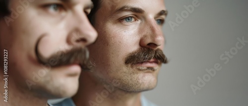 Side view of two men with noticeable mustaches, their faces in soft focus, suggesting camaraderie and distinctive personality traits.