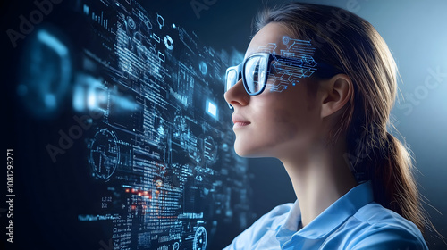 Female IT specialist learns to analyze code and data technology, cyber security, impact of artificial intelligence augmented reality, side profile, copy space. AI generation	