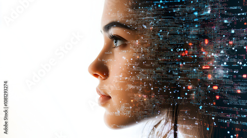 Female IT specialist learns to analyze code and data technology, cyber security, impact of artificial intelligence augmented reality, side profile, copy space. AI generation	