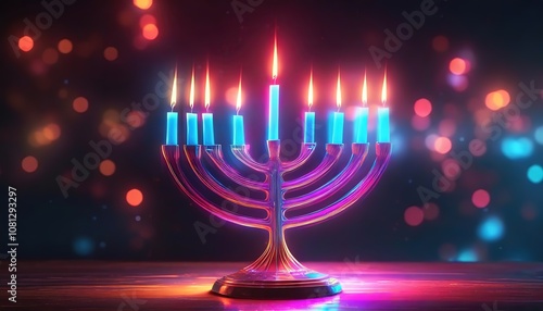 Glowing menorah with neon candles lit in a dark background creating a vibrant, festive glow