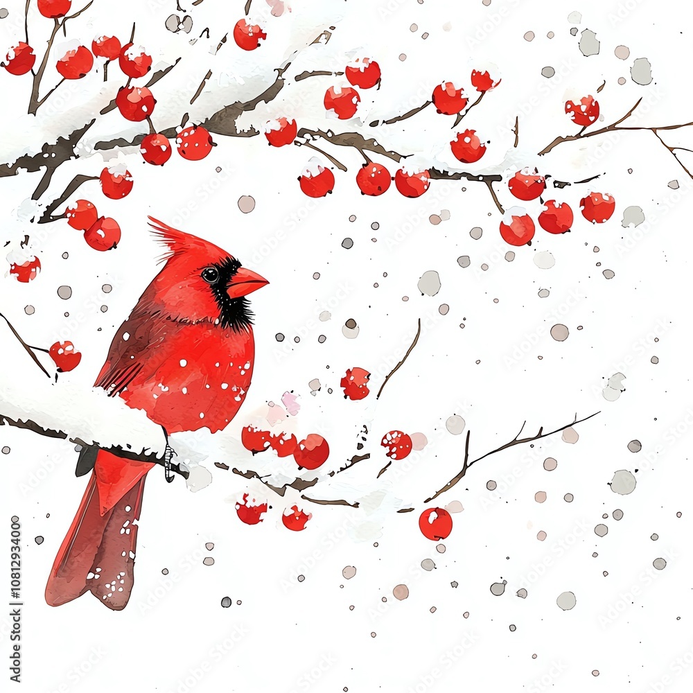 Delicate watercolor cardinal bird on snow-covered branch Christmas card, minimalist design, white space Delicate watercolor cardinal bird on snow-covered branch Christmas card, minimalist design, white space