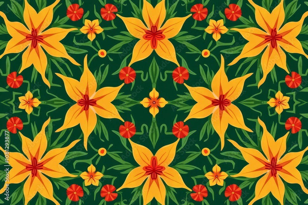 Vibrant floral pattern with yellow and red blooms on green Vibrant floral pattern with yellow and red blooms on green