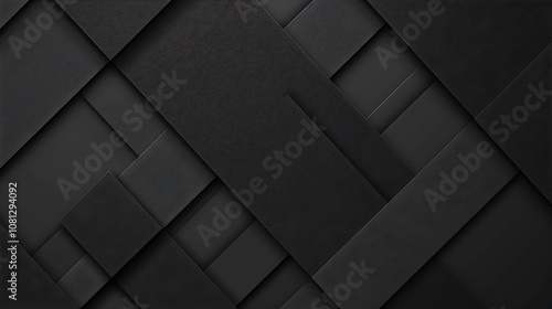 A sleek, abstract black geometric background with layered textures and shapes.