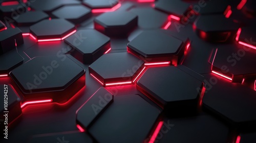 Futuristic Hexagonal Pattern with Neon Red Lights on a Dark Surface Creating an Abstract, Technological Background Ideal for Digital Design and Modern Aesthetic Projects