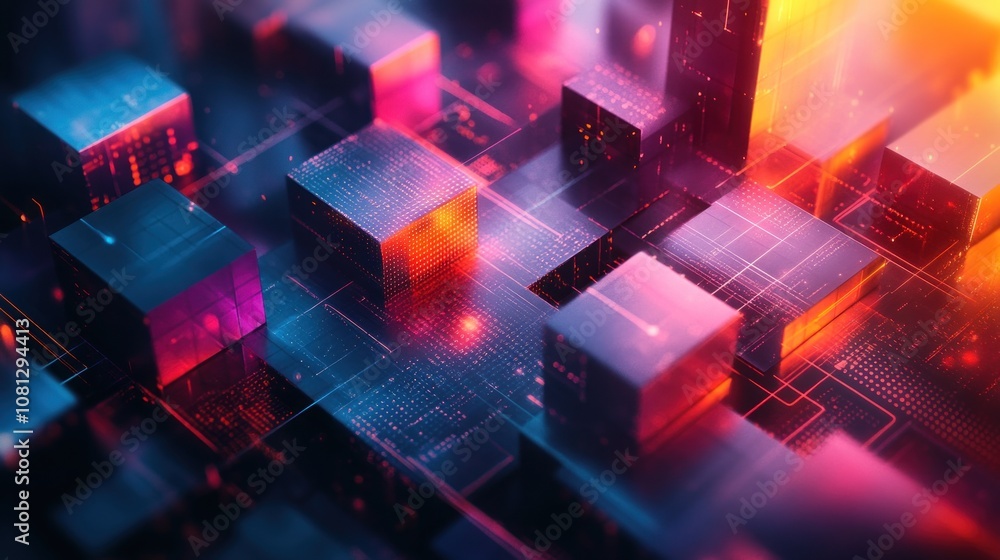 Abstract digital background with glowing red, orange, and blue cubes and lines. Abstract digital background with glowing red, orange, and blue cubes and lines.