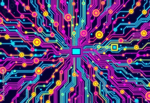 Vibrant Neo-Pop Art Circuit Board - Bold Integrated Circuits Design