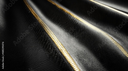 Close-up of Black Fabric with Glossy Texture and Golden Stripes Highlighting the Elegance and Luxury of High-End Material for Fashion or Design Projects