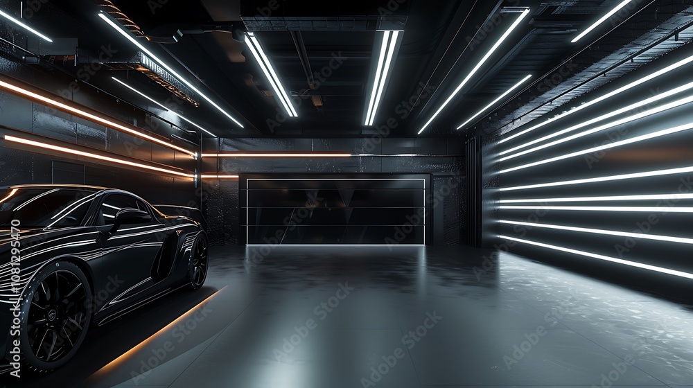 A sleek black car in a modern, illuminated garage with futuristic lighting. A sleek black car in a modern, illuminated garage with futuristic lighting.