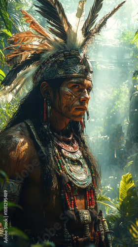 A fierce Aztec warrior..The jungle teems with life as mist rolls over ancient temples.