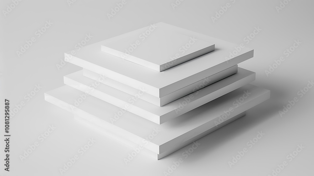 A minimalist arrangement of white geometric shapes stacked in layers, emphasizing simplicity and design. A minimalist arrangement of white geometric shapes stacked in layers, emphasizing simplicity and design.
