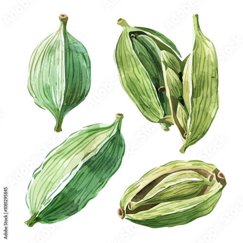 A watercolor drawing of a set of cardamom pods, isolated on a white background. Cardamom pods vector.