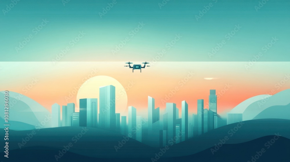 Fototapeta premium Drone Flying Over Cityscape at Sunset