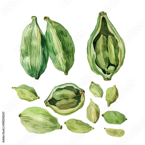 A watercolor of a set of cardamom pods, isolated on a white background. Cardamom pods vector.