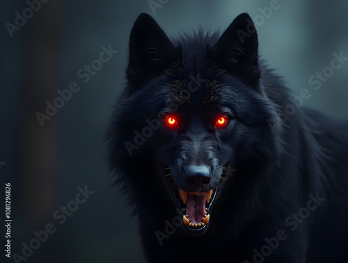 black wolf with red eyes in a dark background, Ai generated