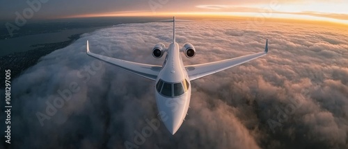 An aircraft, bathed in golden sunrise, slices through the clouds, merging human creation with breathtaking natural beauty in a serene and majestic ascent.