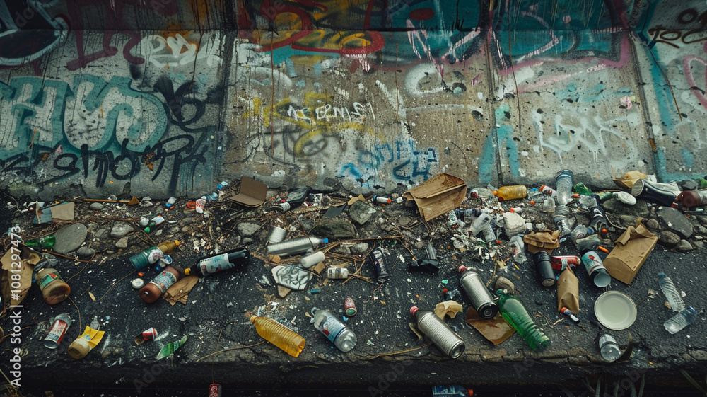 Graffiti and Litter on City Wall: A city wall covered in both graffiti and litter, symbolizing the decay of urban spaces due to pollution. Graffiti and Litter on City Wall: A city wall covered in both graffiti and litter, symbolizing the decay of urban spaces due to pollution.