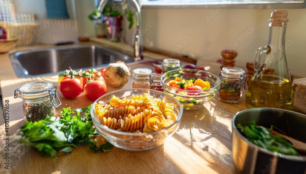 Home Kitchen With Freshly Prepared Vegan Pasta, Organic Vegetables, and a Selection of Artisan Spices and Condiments for a Healthy and Delicious Plant-Based Dinner Home Kitchen With Freshly Prepared Vegan Pasta, Organic Vegetables, and a Selection of Artisan Spices and Condiments for a Healthy and Delicious Plant-Based Dinner
