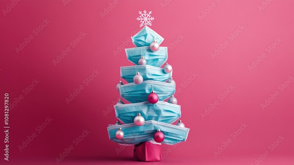 Unique christmas tree made of blue face masks with red and silver ornaments on a pink background celebrating christmas tree and happy new year Unique christmas tree made of blue face masks with red and silver ornaments on a pink background celebrating christmas tree and happy new year