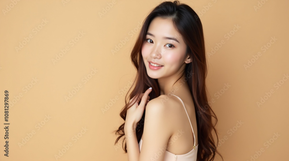Attractive slim young asian woman with clean fresh healthy skin and long beautiful brunette hair isolated on light beige background. Skin care cosmetic product. Cosmetology, beauty and spa concept Attractive slim young asian woman with clean fresh healthy skin and long beautiful brunette hair isolated on light beige background. Skin care cosmetic product. Cosmetology, beauty and spa concept