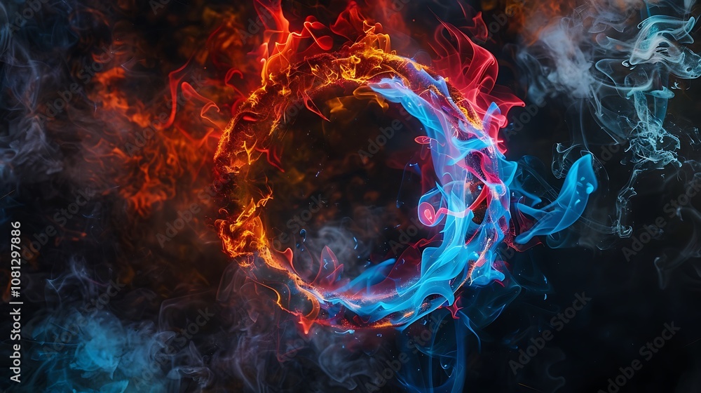 A vibrant circular design of blue and orange flames intertwined with smoke, creating a dynamic visual effect. A vibrant circular design of blue and orange flames intertwined with smoke, creating a dynamic visual effect.