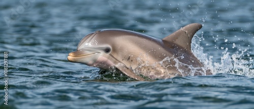 A playful dolphin leaps through the ocean waves, its sleek body glistening in the sun, epitomizing joy and the essence of marine life.