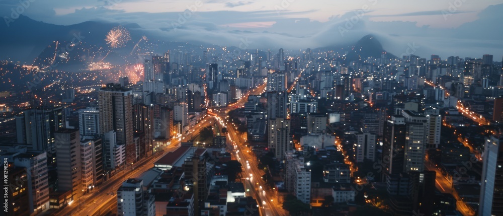 A bustling cityscape at dusk, lit by sparkling city lights and vibrant fireworks, captures an atmosphere of celebration. A bustling cityscape at dusk, lit by sparkling city lights and vibrant fireworks, captures an atmosphere of celebration.