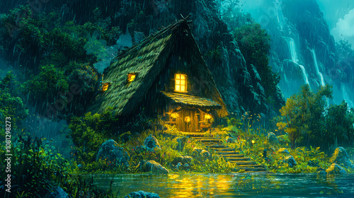 A small, cozy cottage with a thatched roof sits nestled in a lush forest with a waterfall in the background. photo