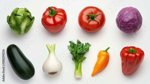 An array of fresh vegetables including lettuce, tomatoes, peppers, and zucchini on a clean white background.