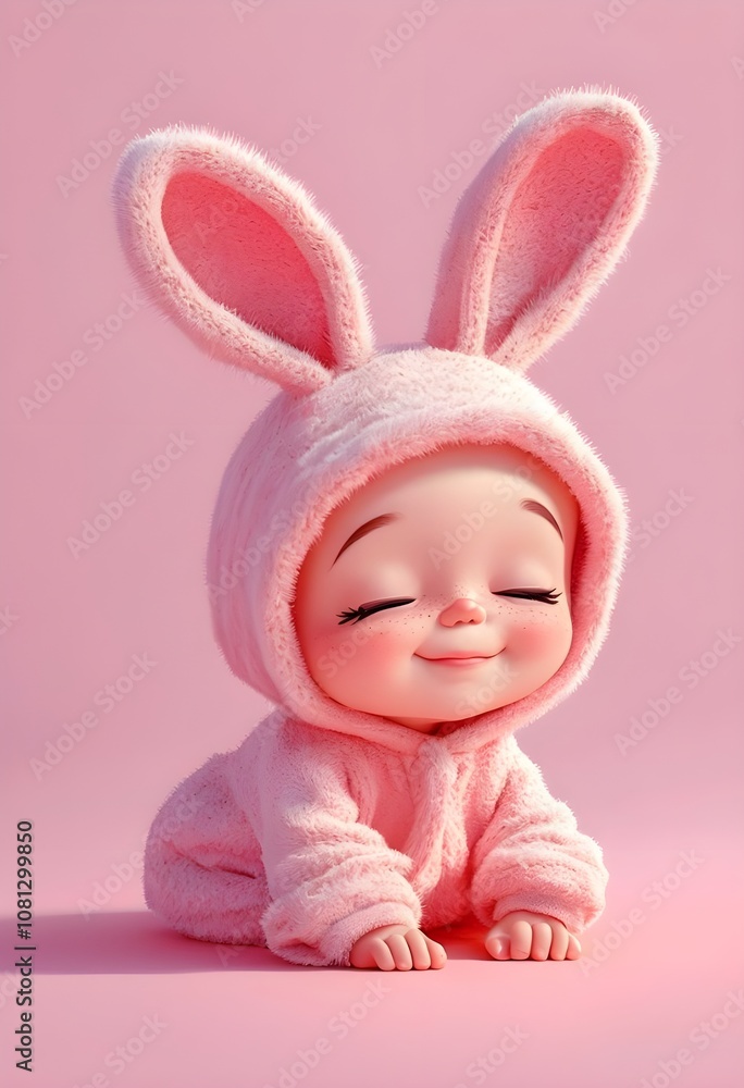 Cute smiling little baby with eyes closed and sleepy in fluffy bunny costume on pastel pink background. Cute smiling little baby with eyes closed and sleepy in fluffy bunny costume on pastel pink background.