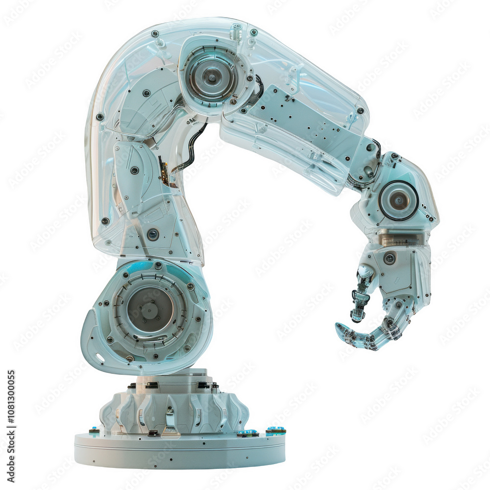 Frosted glass robotic arm showcasing advanced design and technology in a lab setting Frosted glass robotic arm showcasing advanced design and technology in a lab setting