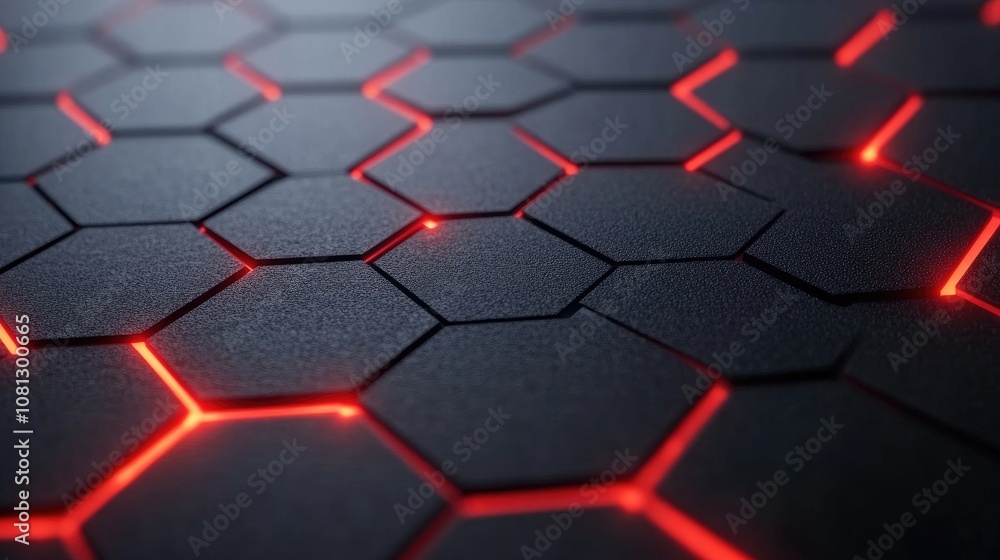 Abstract background featuring a close-up view of a hexagonal tile pattern illuminated by vibrant red lights creating a modern tech-inspired design. Abstract background featuring a close-up view of a hexagonal tile pattern illuminated by vibrant red lights creating a modern tech-inspired design.