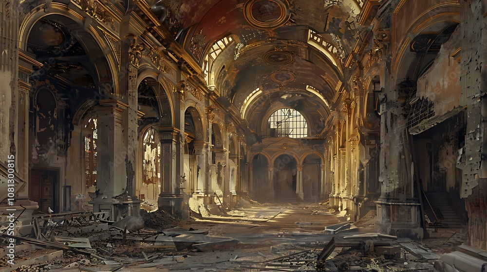 Obraz premium A decaying interior of an abandoned building, showcasing ornate architecture and remnants of its former grandeur.